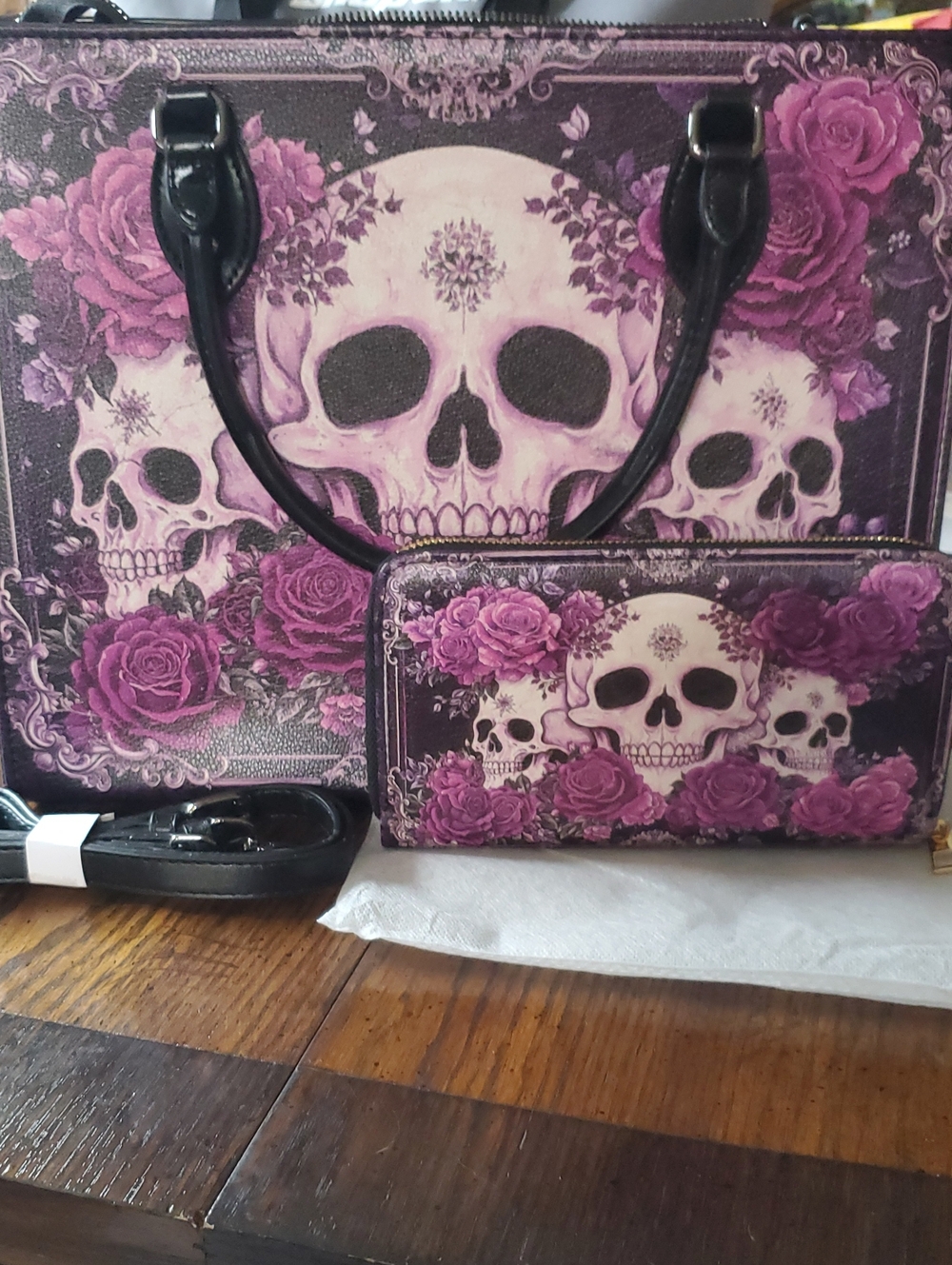 Skullette Bloodrose Poison Plum Handbag And Wallet